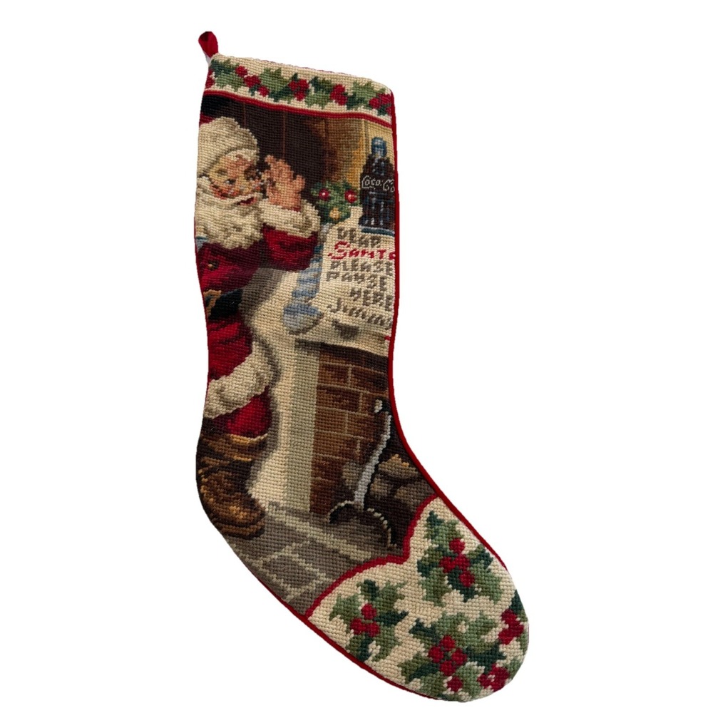 Vtg. 1990's Handmade Needlepoint Coca Cola Stocking Velvet Back Collectible 10"